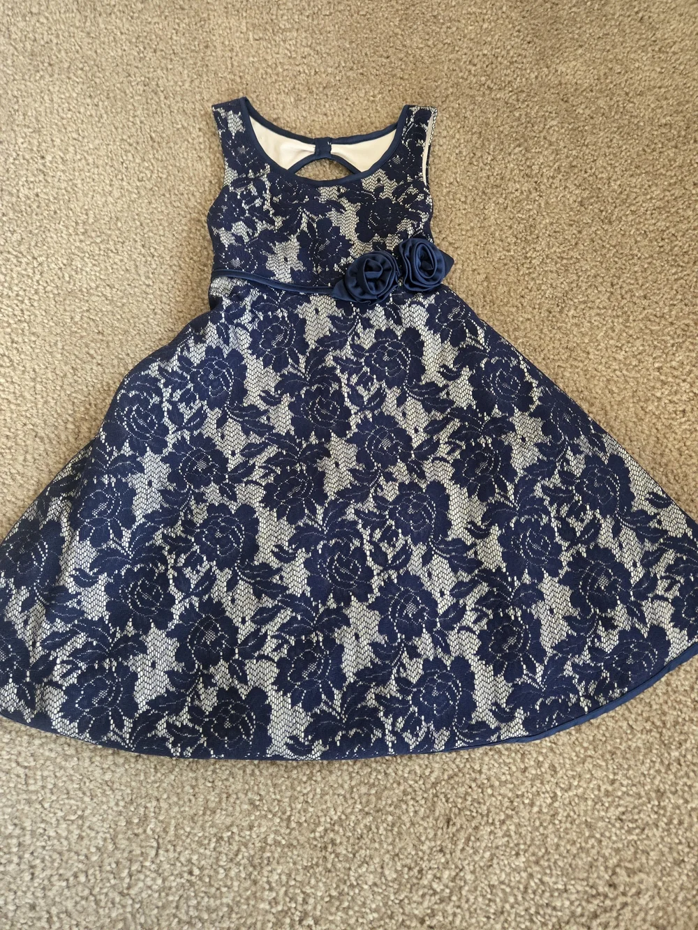 iris & ivy Navy and White Floral Lace Fit-and-Flare Dress with Rosette Accent